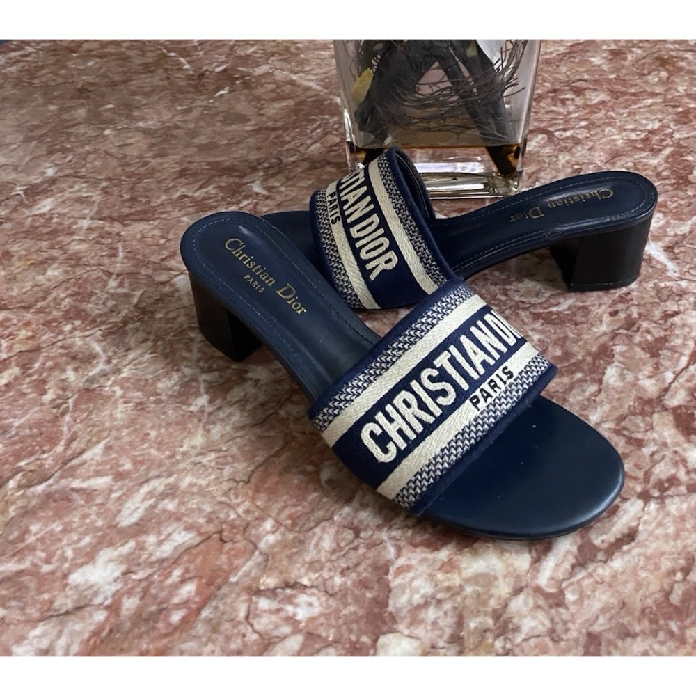 CHRISTIAN DIOR Dway Deep Blue Embroidered Cotton Heeled Slides EU 40/US 10, $890